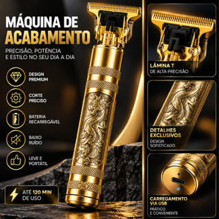 Máquina de Cortar Cabelo Dragão Dourada Profissional Recarregável USB com Lâmina T