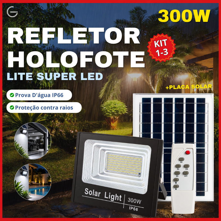 Holofote Refletor Solar 300W Lite Super Led IP66 Acompanha Placa Solar Luz Branco Frio 6500K