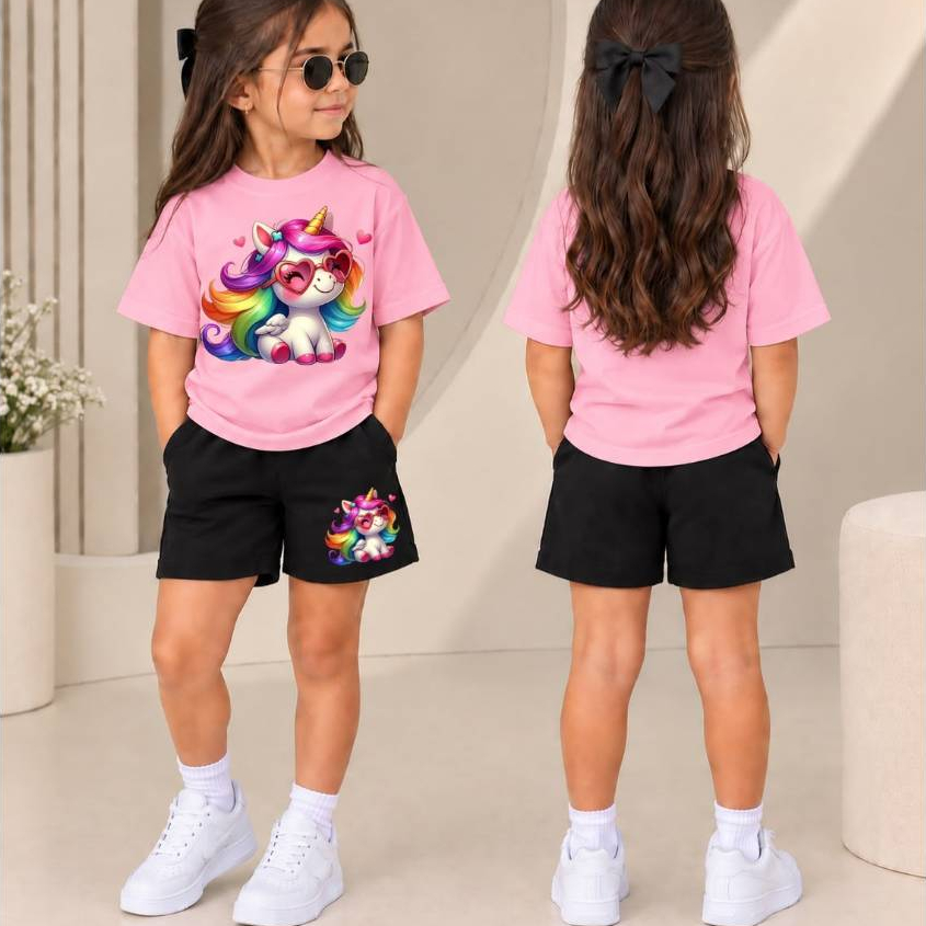 Conjunto Infantil Feminino Verão Camiseta Básica e Short Moletom Confortável Estampa Unicórnio Delicada e Fofa