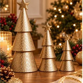 Árvore de Natal Dourada Decorativa Metalizada Cerâmica 3 Tamanhos Enfeite Natal