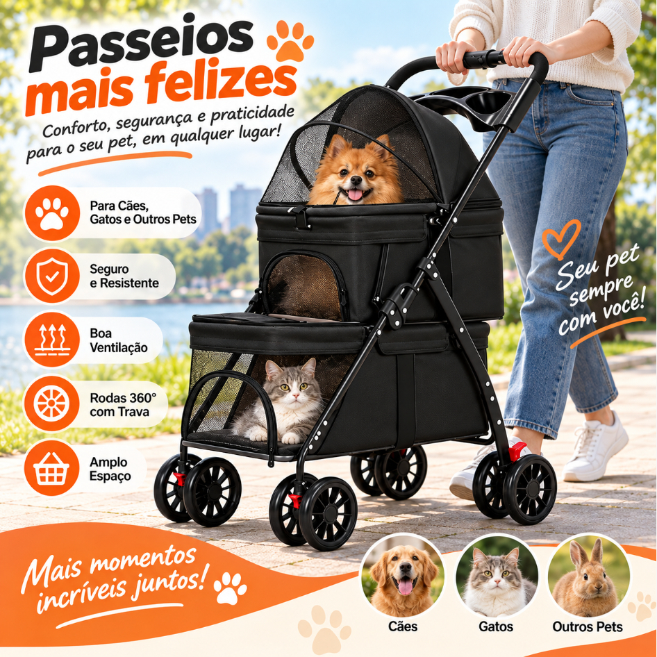 Carrinho Passeio Pet Cães Gatos Grande Porte Até 30kg Pc204