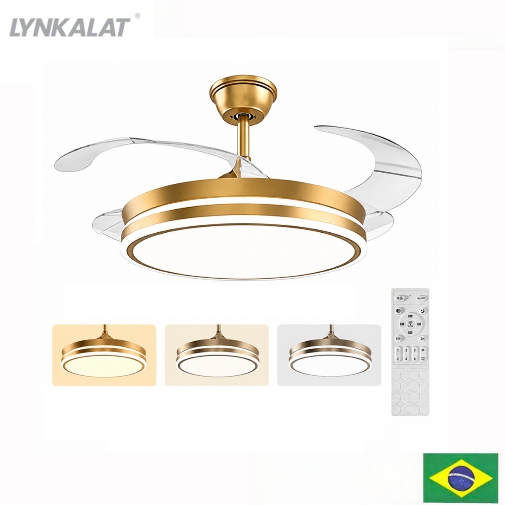 LYNKALAT Ventilador Teto Plafon 6 Pás Retrateis Ultra Silencioso LED Multicolor Moderno com Controle