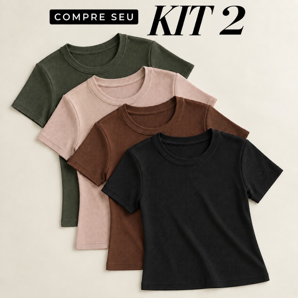 Kit 2 Blusa Feminina Canelada Ribana Básica Baby Tee Casual Estilosa Tendência Verão
