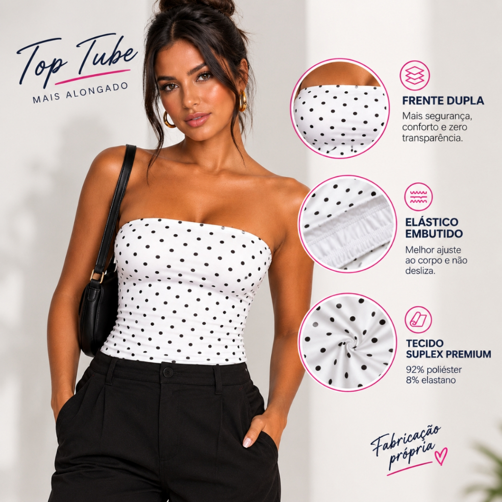 Top Cropped Tomara que Caia de Bolinhas Poá de Suplex Premium Feminino