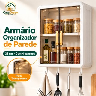 Organizador de Parede para Cozinha 38 cm de Altura Porta Temperos Condimentos com Porta Transparente e Ganchos