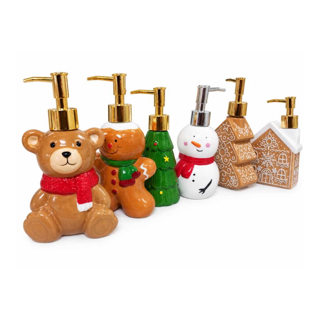 Porta Sabonete Líquido de Natal em Cerâmica Decorativa para Banheiro e Lavabo