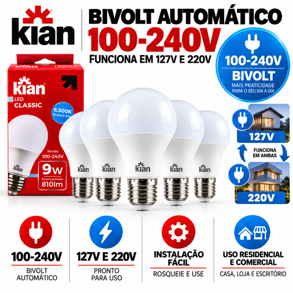 Kit 5 Lâmpadas LED Kian 9W 6500K E27 Bivolt Branco Frio 810lm — imagem 2 de 2