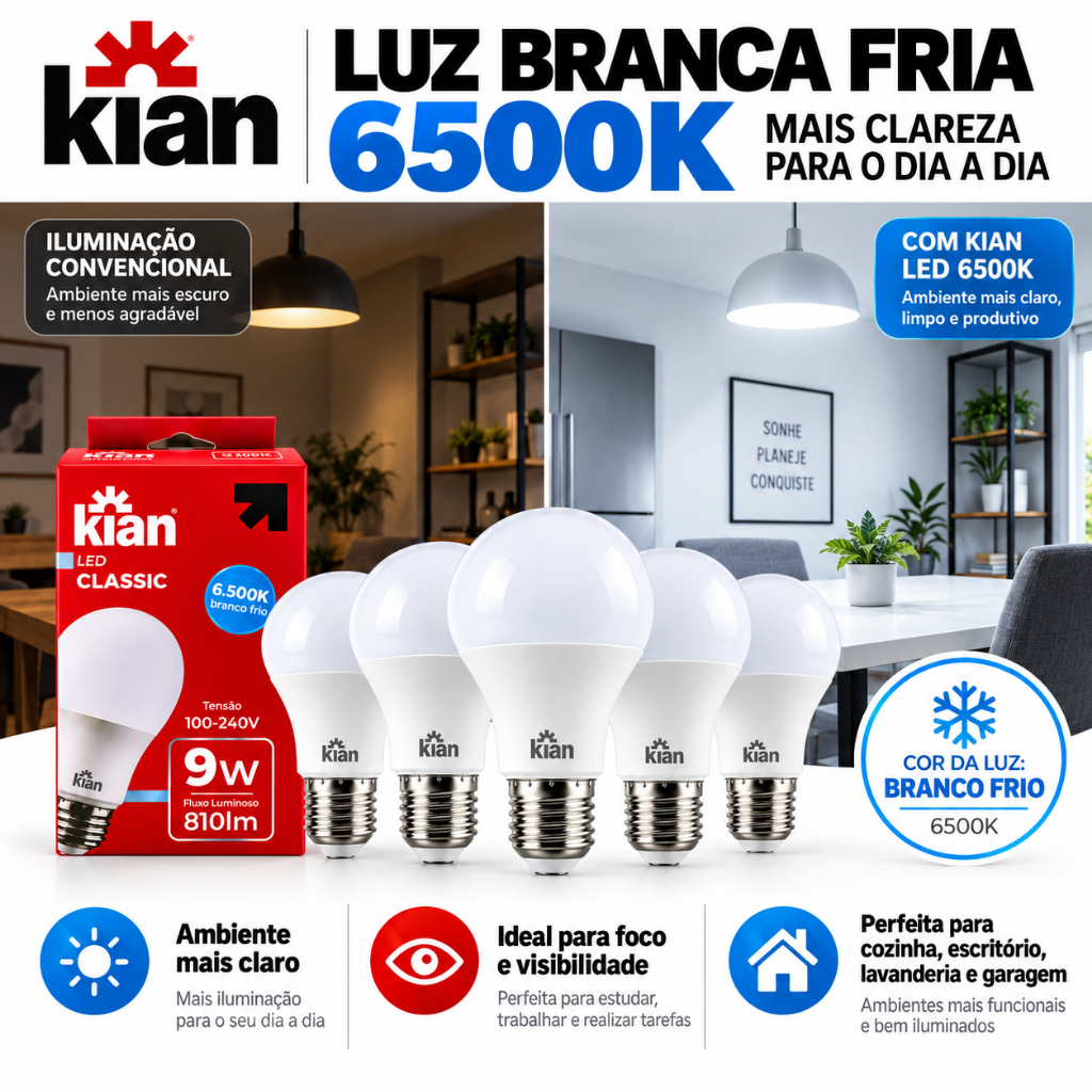 Kit 5 Lâmpadas LED Kian 9W 6500K E27 Bivolt Branco Frio 810lm