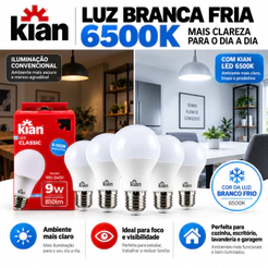 Kit 5 Lâmpadas LED Kian 9W 6500K E27 Bivolt Branco Frio 810lm