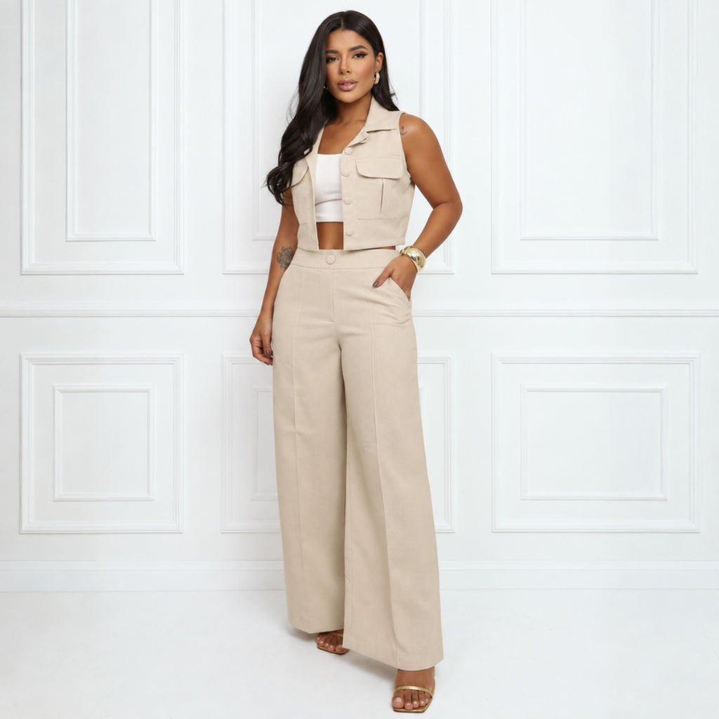 Conjunto Linho Colete e Calça Cintura Alta Elegante Feminino