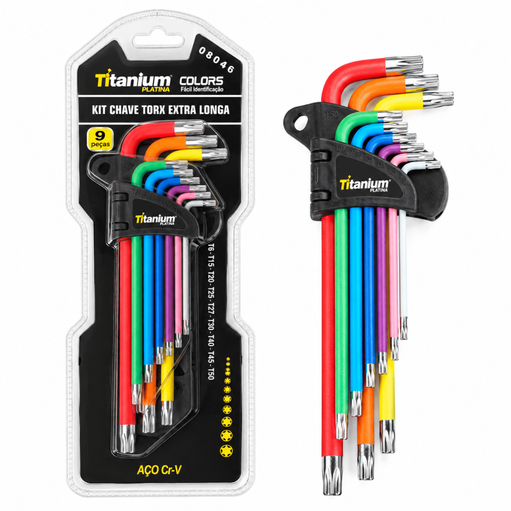 Jogo de Chaves Torx Extra Longas CR-V T10 a T50 9 Peças com Suporte Titanium Platina