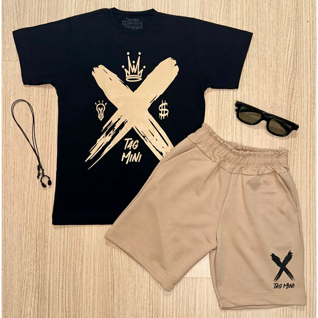 Conjunto Masculino Infantil Camiseta de algodão + Bermuda de Moletinho Estiloso para o verão