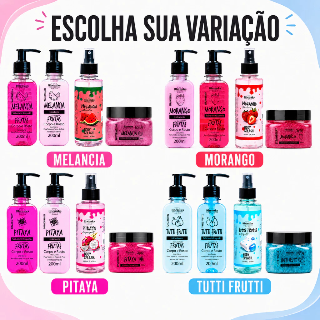 Kit Completo Corpo e Rosto 4 Prod. Sabonete, Hidratante, Body Splash e Esfoliante - Escolha o Aroma!