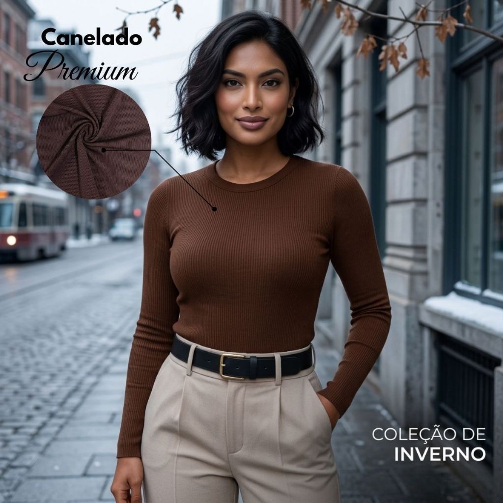 Blusa Feminina Canelada Manga Longa Lisa Blusa Elegante Gola Redonda Inverno Outono Estilosa