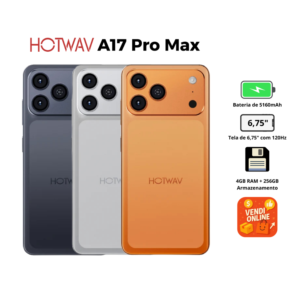 Celular smartphone HOTWAV A17 Pro Max 4GB de Ram com 128GB ou 256GB Android 15 Tela 6,75" 13MP 5160mAh Wi-Fi 6