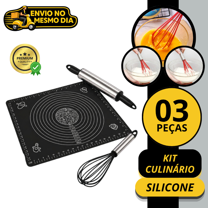 KIT Culinario Tapete Culinario Rolo de Massa Batedor Fuê Fuet Fouet Cozinha Silicone Inox Profissional Confeitaria