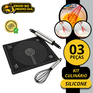 KIT Culinario Tapete Culinario Rolo de Massa Batedor Fuê Fuet Fouet Cozinha Silicone Inox Profissional Confeitaria