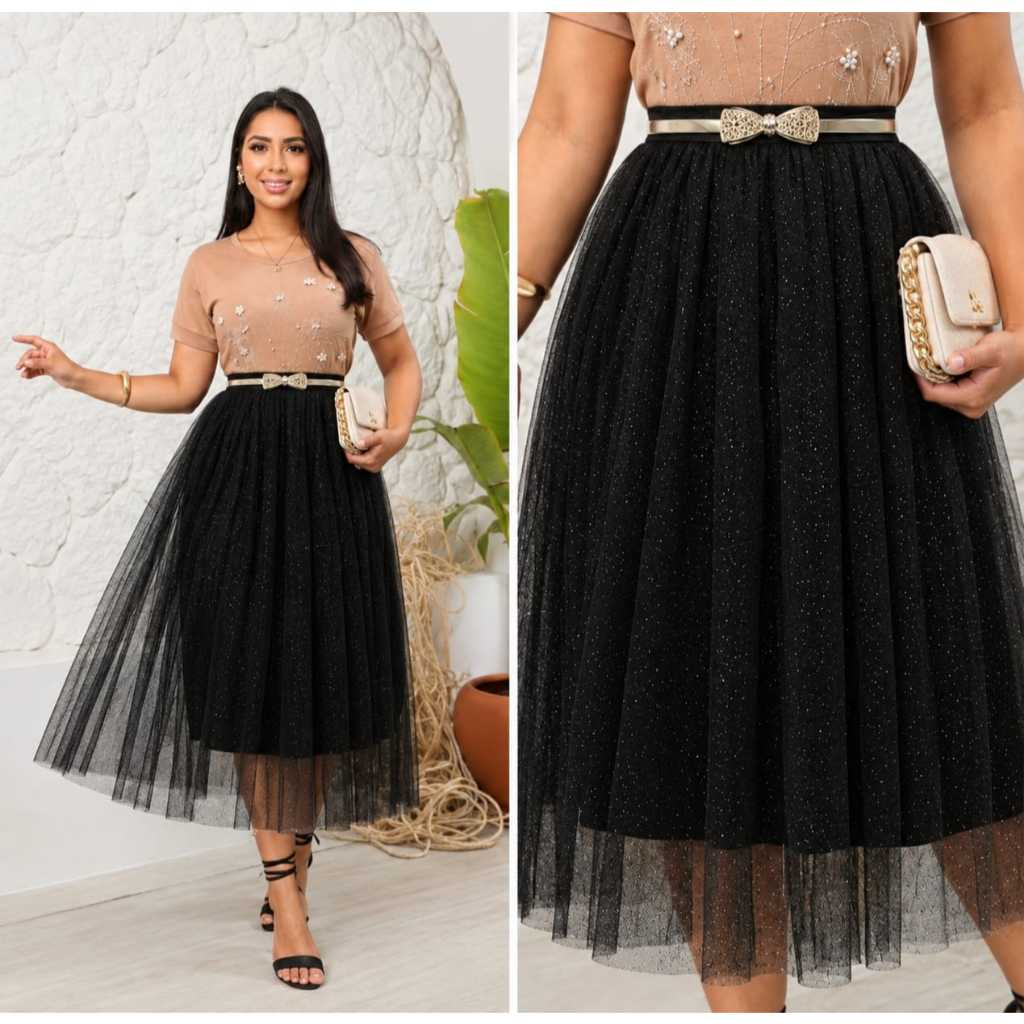 Saia Mídi Tule brilho glitter forrada Moda evangélica cintura alta Elegante