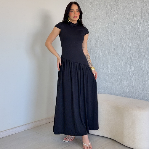 Vestido Longo Frizado Rodado Com Gola E Manga Casual Premium