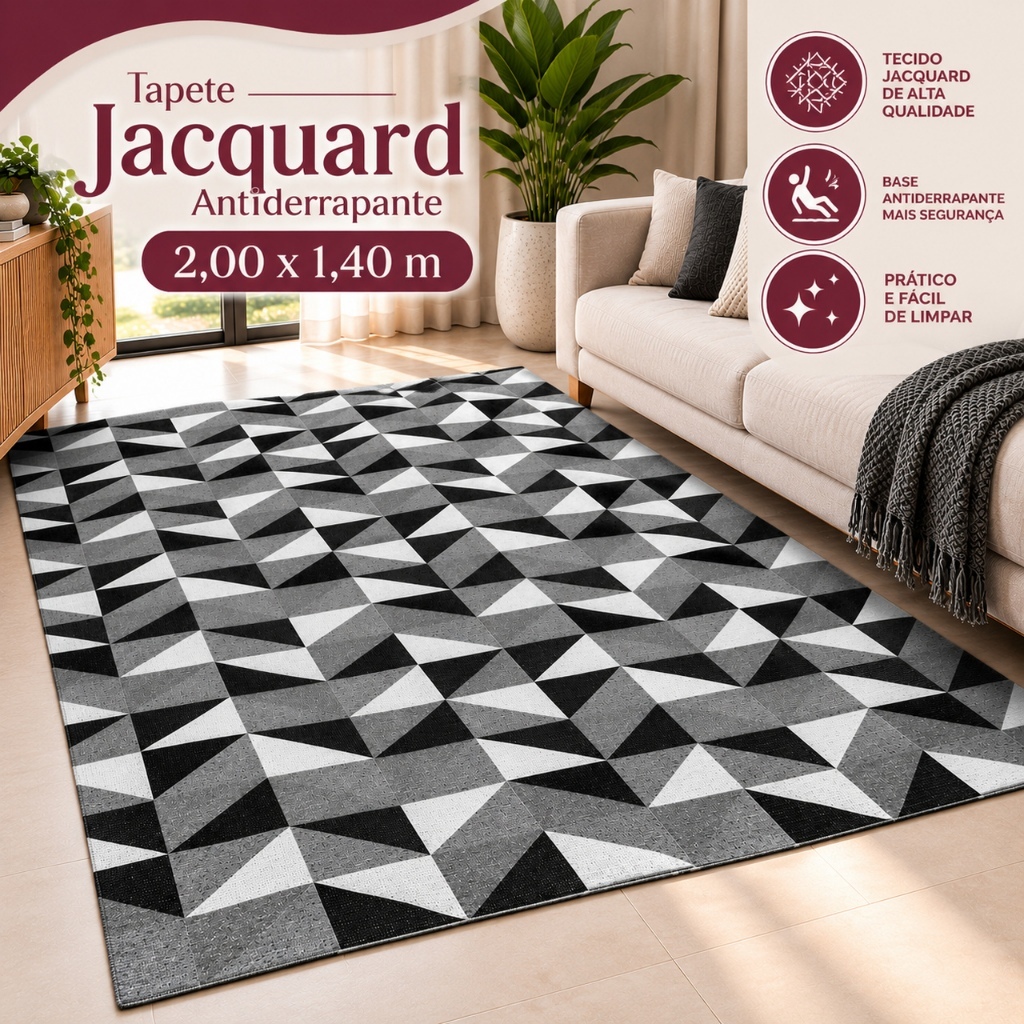 Tapete Jacquard 2,00 x 1,40 Antiderrapante Decoração  Sala Quarto Escritório