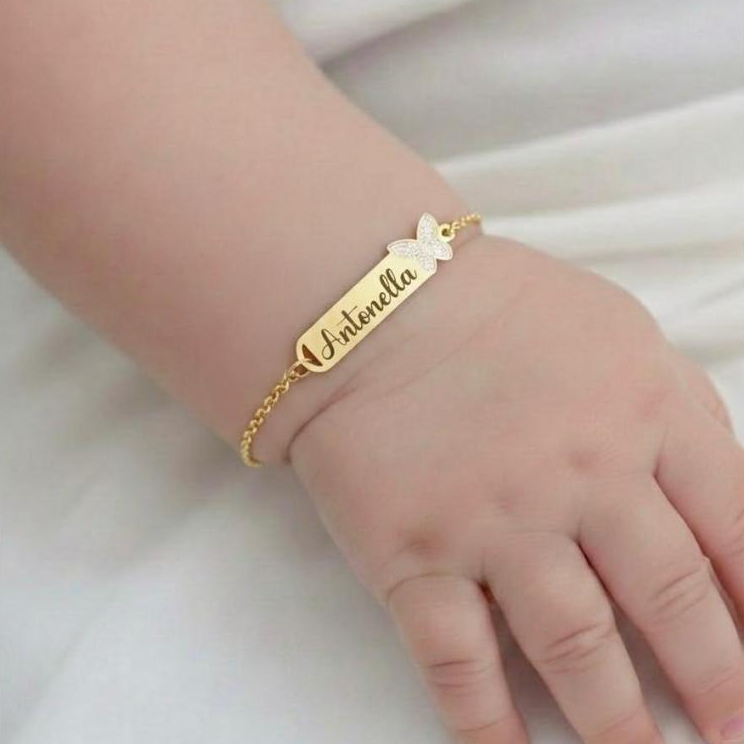 Pulseira Infantil Bebê RN com Nome Personalizada Banhada a Ouro 18k