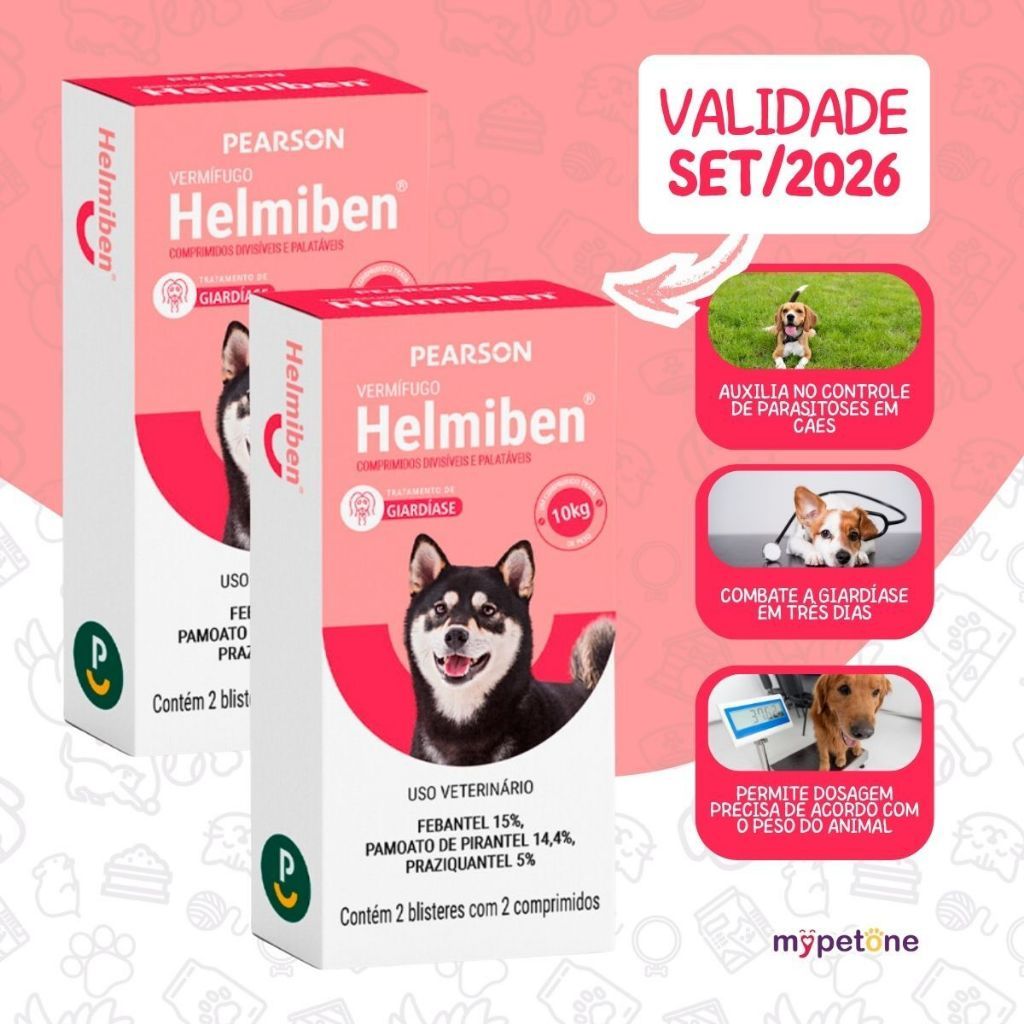 Kit 2 Helmiben Vermífugo Pearson para Cães 10Kg - 4 Comprimidos