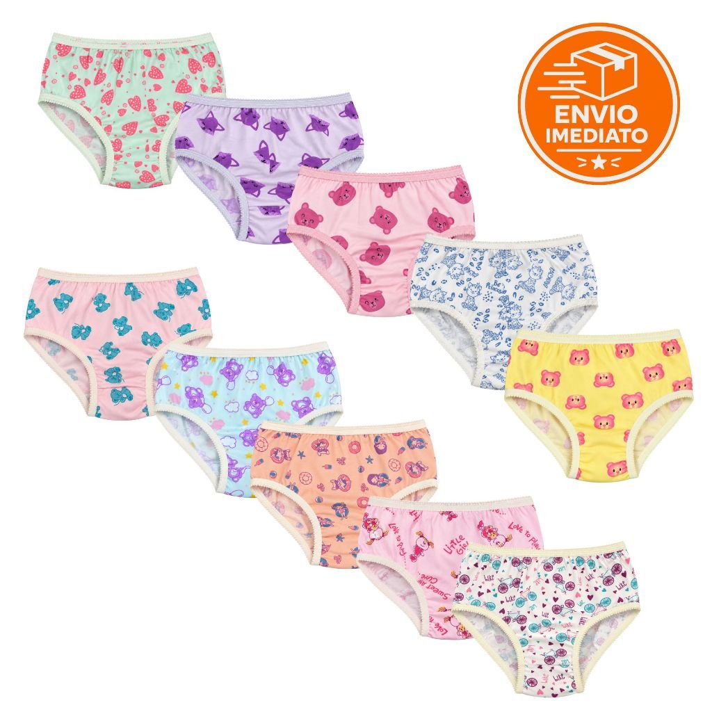 Kit 5-10 Calcinhas Infantil Menina Tecido Premium Estampas Sortidas