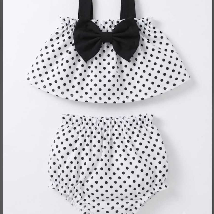 Conjunto infantil feminino regata e short bolso estampado poá com laço preto delicado