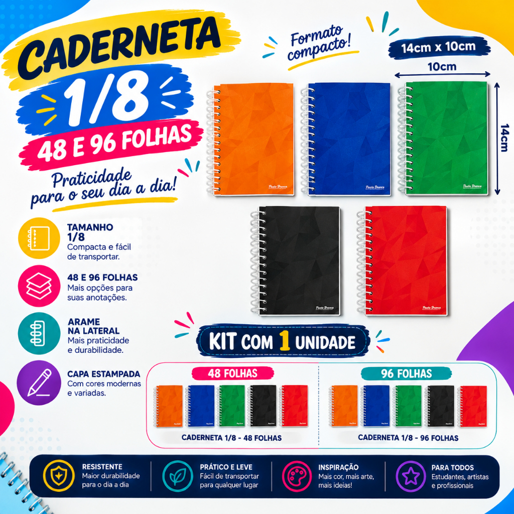 Caderneta Pacote com 5, 10, 15, 20 e 25 Unidades 48 e 96 Folhas 1/8 Capa Flexível (14x10cm) Pautada