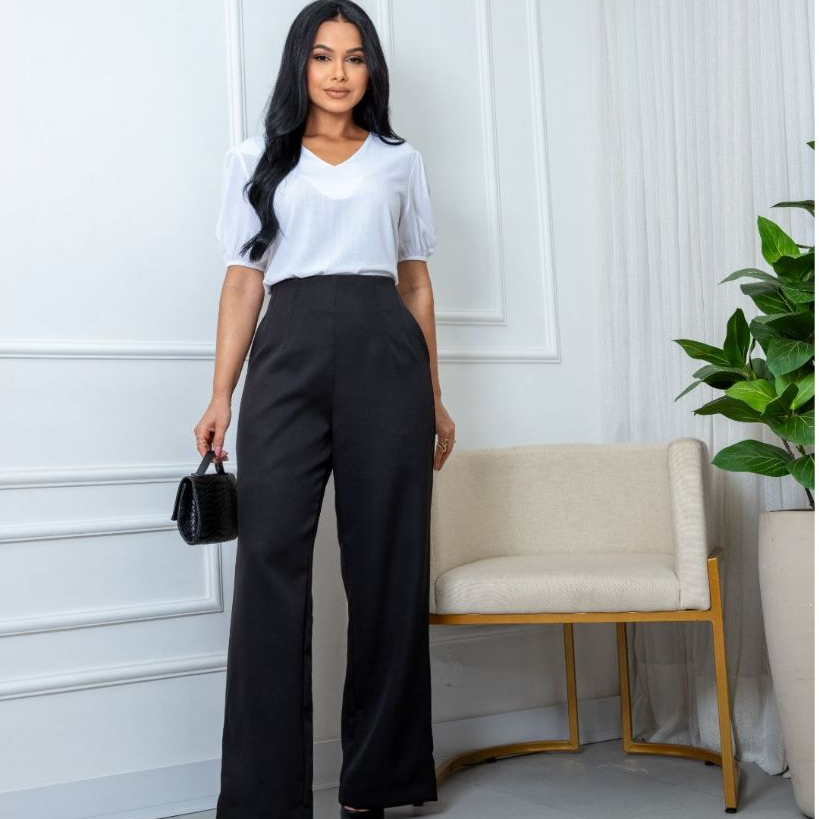 Calça Social Em Alfaiataria Cintura alta Feminina Lorena Com Zíper Elegante Moda cristã evangélica/trabalho/executiva