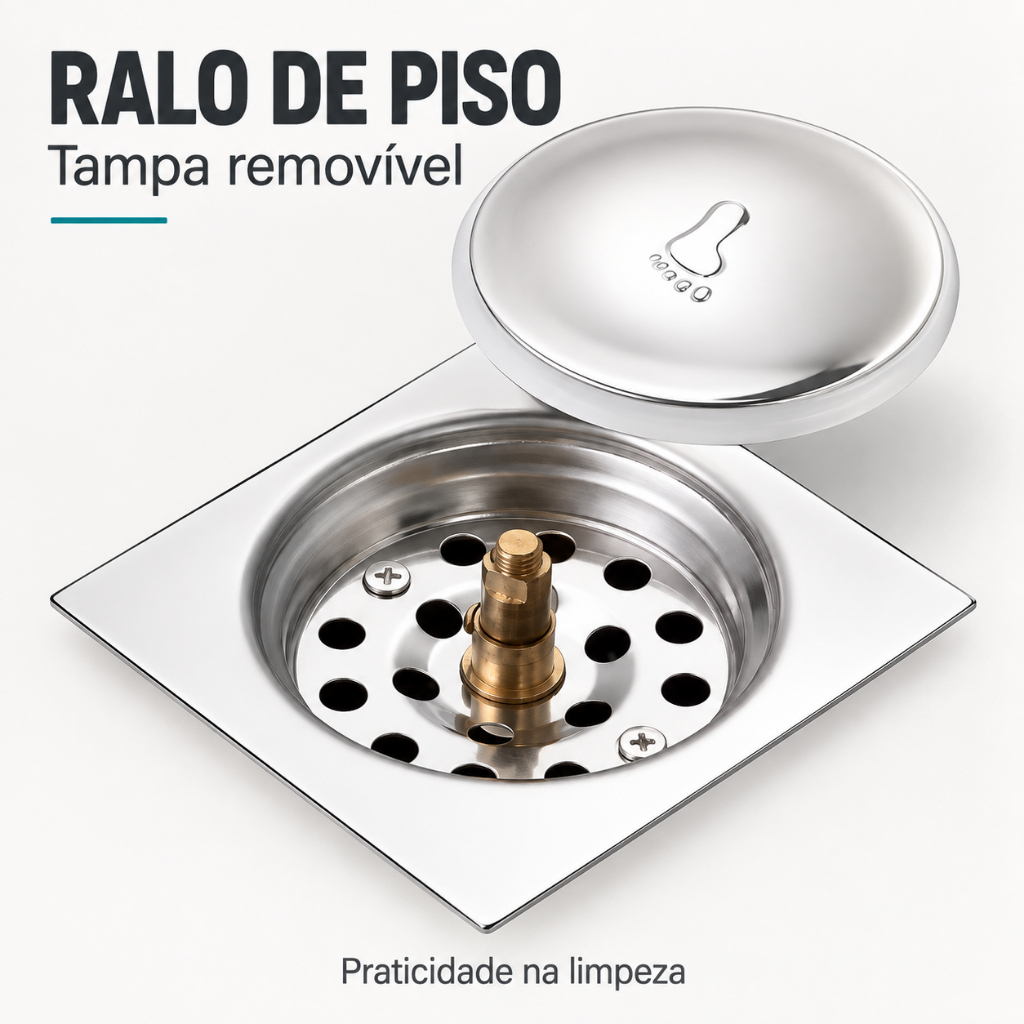 Ralo de Piso Quadrado com Tampa Removível para Banheiro Fácil de Limpar