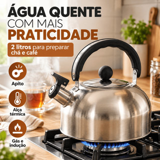 Chaleira Inox 2 Litros com Tampa Apito Alça Térmica Fogão Gás e Indução para Chá Café
