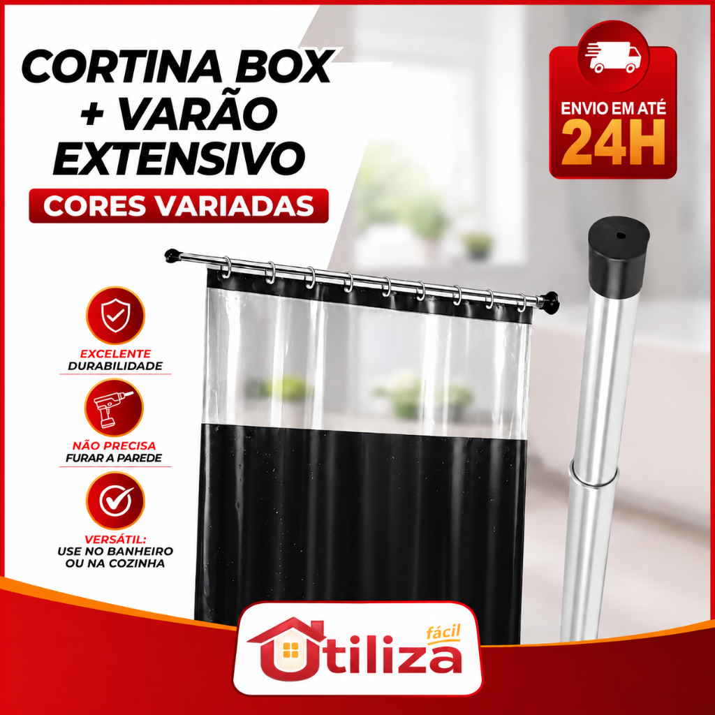 Kit Cortina Box Banheiro Varias Cores + Suporte Varão Extensivel em ALUMINIO Ajustavel 60cm a 2,0m
