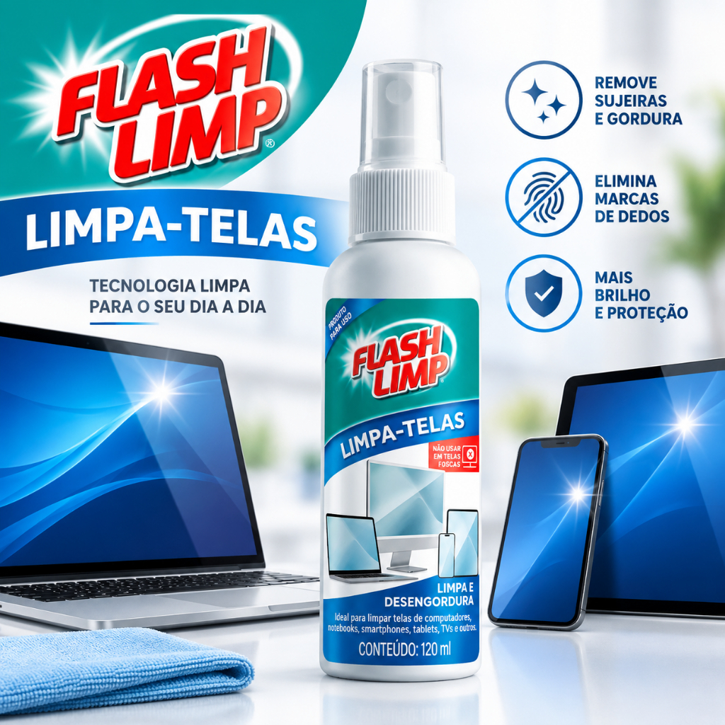 Limpa Telas 120ml Flash Limp Notebook Celular TV Monitor Tablet Remove Gordura e Marcas de Dedos