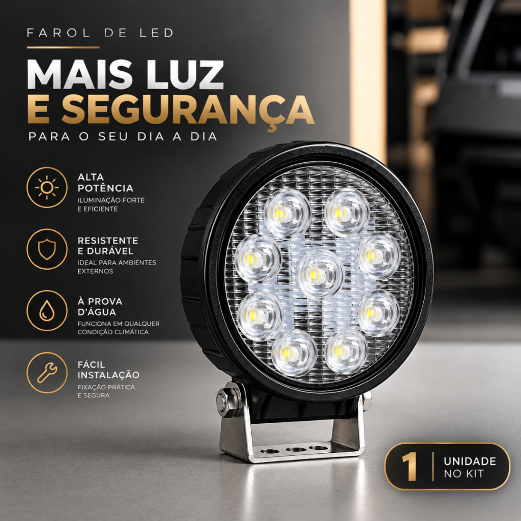 Farol de Milha Auxiliar Universal 42W 9 LEDs 6000K Luz Branca para Carro Caminhonete SUV Off Road Estrada Automotivo