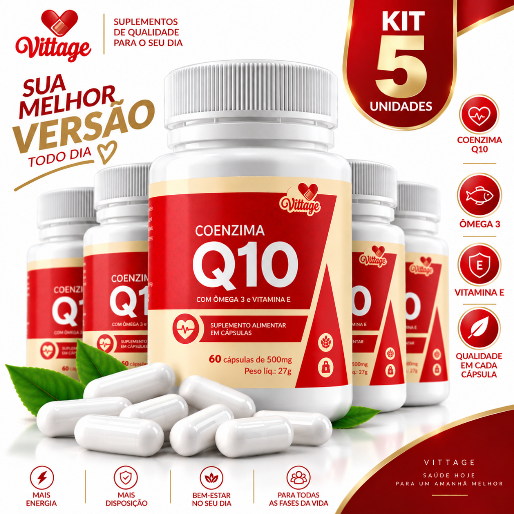 Kit 5 Coenzima Q10 Vittage com Ômega 3 e Vita