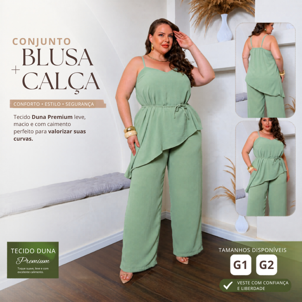 Conjunto Feminino Plus Size Calça Pantalona e Blusa Assimétrico Regulável Leve Confortável Verão G1 G2