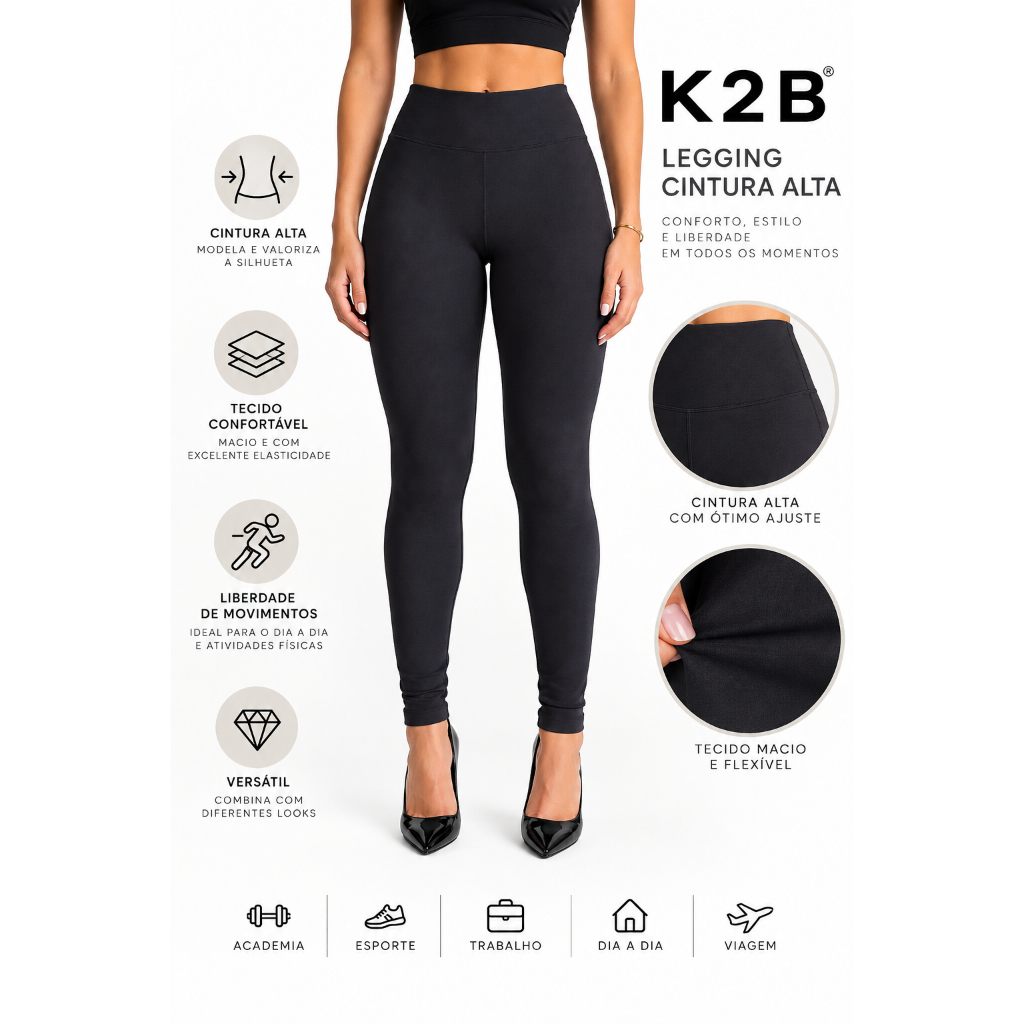 Calça Legging K2B Original Feminina Cós Alto Tecido Grosso Básico Casual