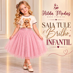 Saia Tule Infantil Cristal de Brilho Glitter forrada Lisa Moda evangélica Fardamento Festividade Congresso
