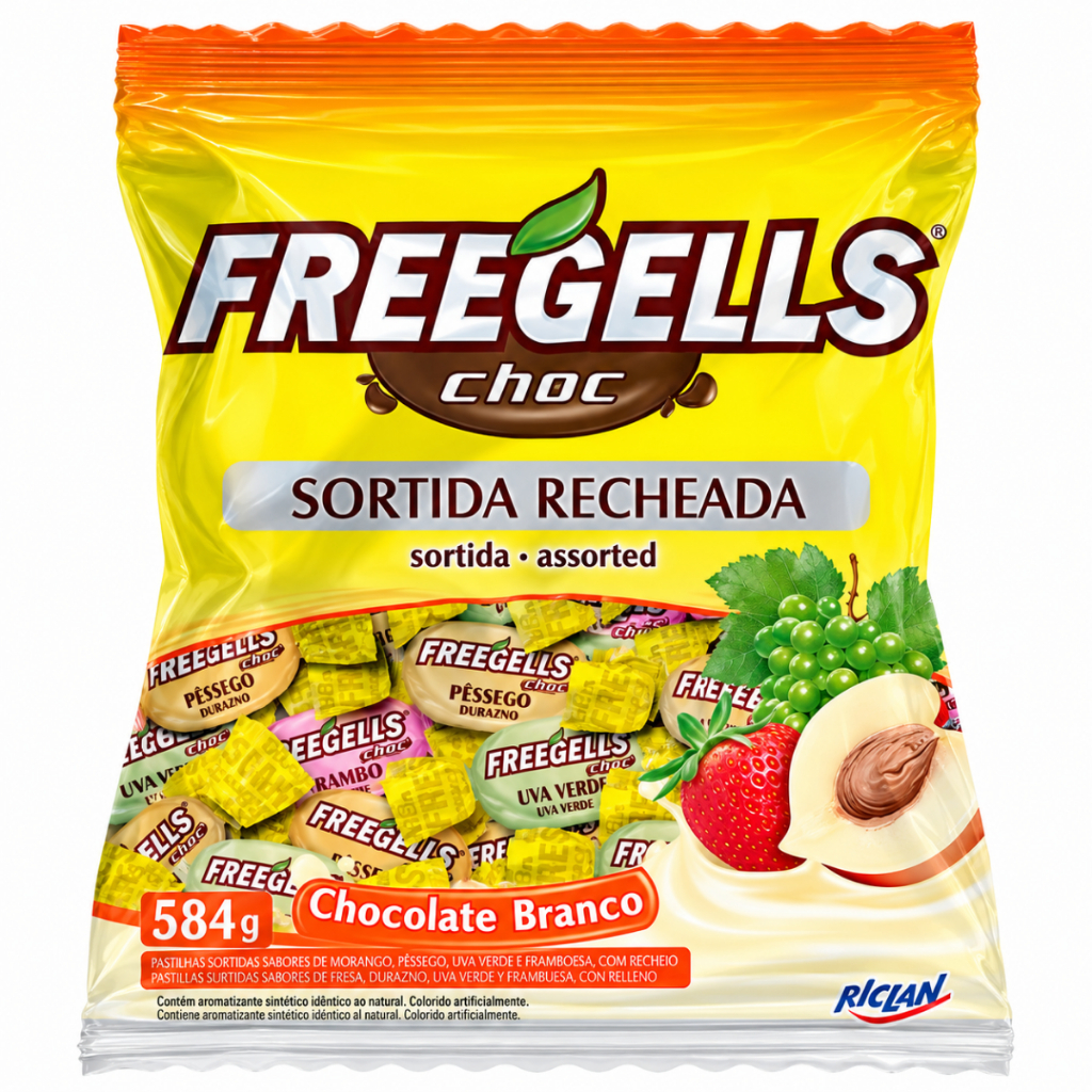 Bala Dura Freegells Sortida Recheada Chocolate Branco 475g Riclan