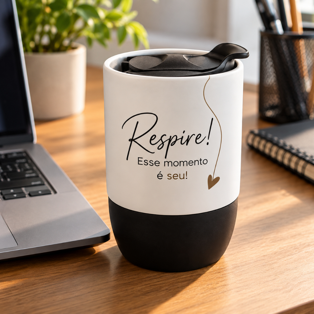 Caneca 325ml com Tampa Abre e Fecha Base de Silicone Copo Térmico Frases Motivacionais Presente
