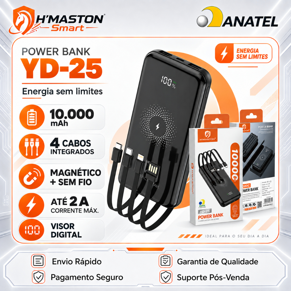 H'maston YD25 Carregador Portátil Para Celular Power Bank 10000mAh Carregador De Celular Portátil Bateria Portatil 22.5W