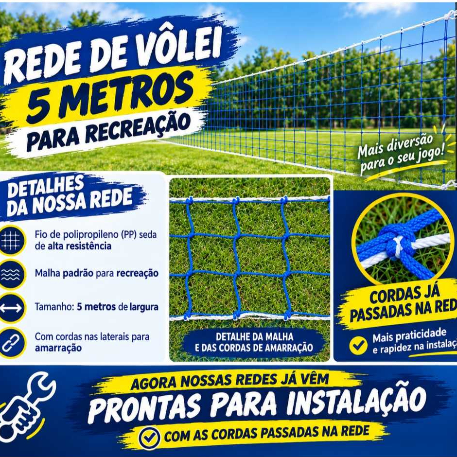rede de vôlei 5 metros sem faixa em seda PP