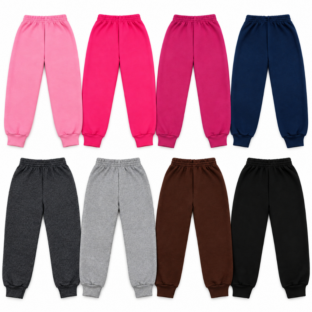 Calça Moletom Kit Três Infantil Menino Menina Flanelado Forrada Inverno Quentinha Sortidas Cores Punho Elástico Cintura