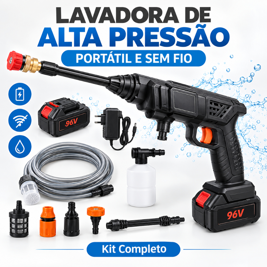 Lavadora de Alta Pressão Portátil sem Fio com Bateria, Pistola para Lavar Carro, Moto, Jardim e Limpeza