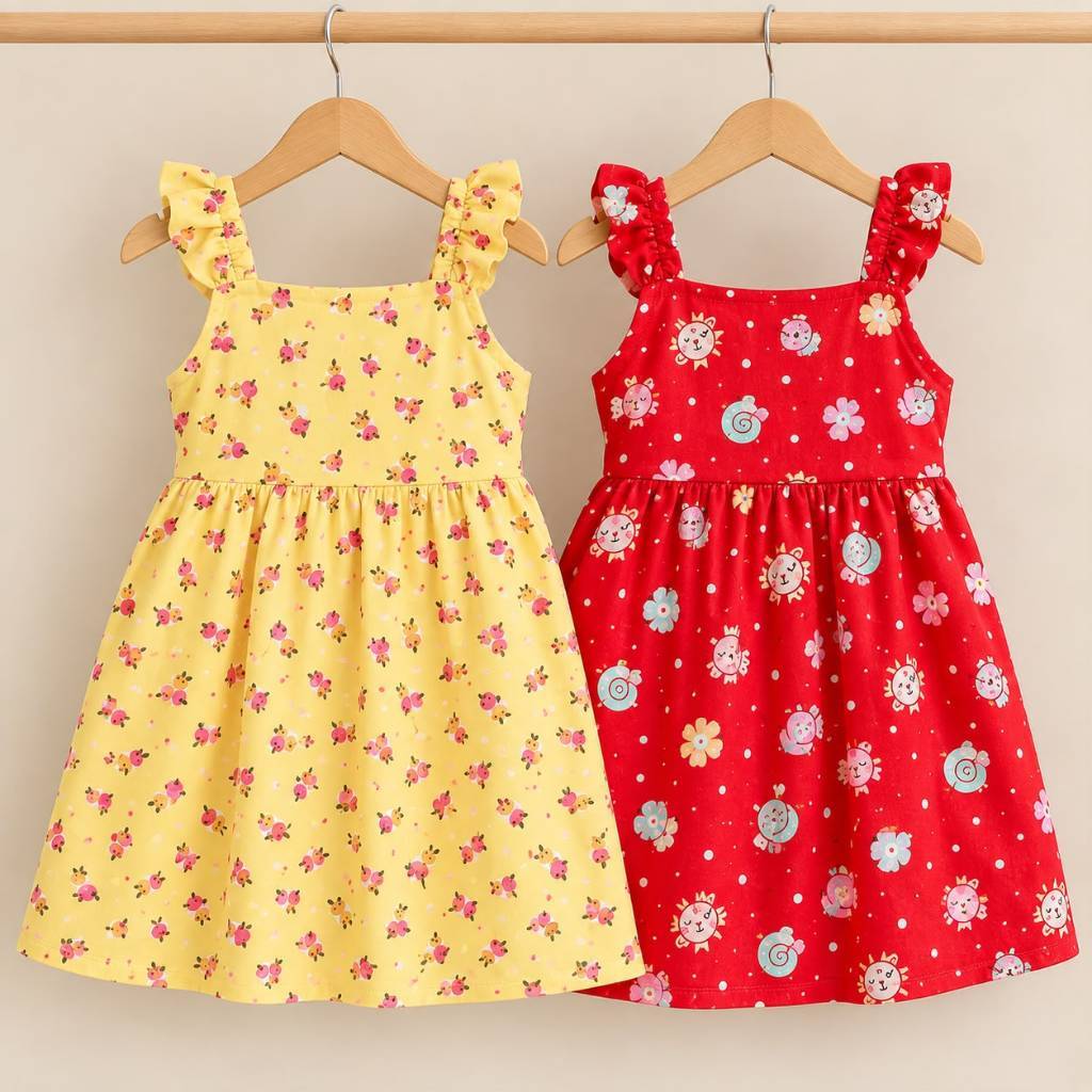 Kit 2 Vestidos Infantil Menina Sortidos Estampados Verão Regata Rodado Alça Babado Roupa Infantil Tam 1 ao 12