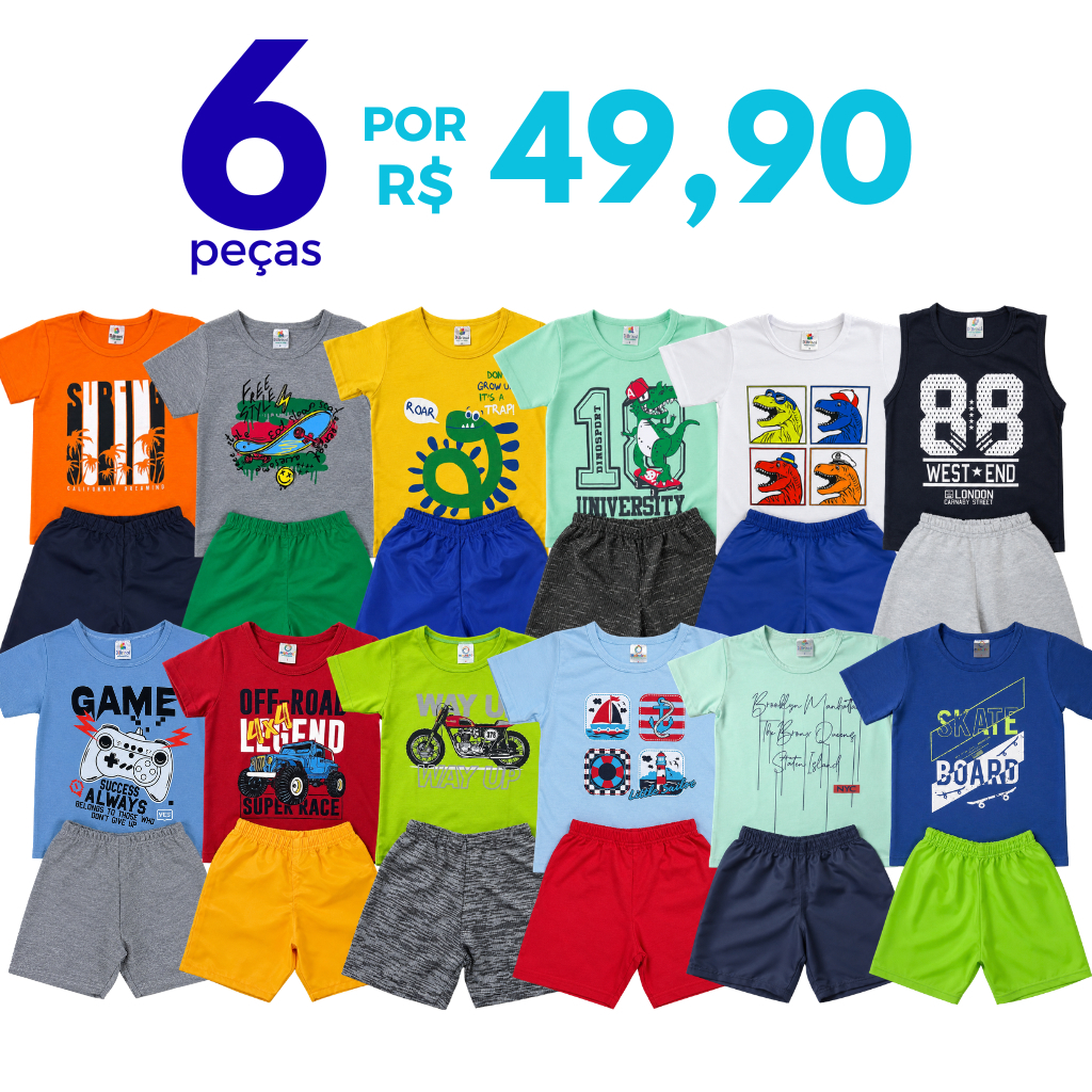 Kit 6 ou 4 peças Conjunto Verão Roupa Menino Infantil 3 Camiseta e 3 Shorts/Bermudas Sortidos 3 ou 2 Conjuntos