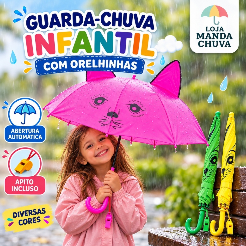 Guarda Chuva Infantil com Orelhinhas Sombrinha Automática com Apito para Menino e Menina Presente Lembrancinha Criança