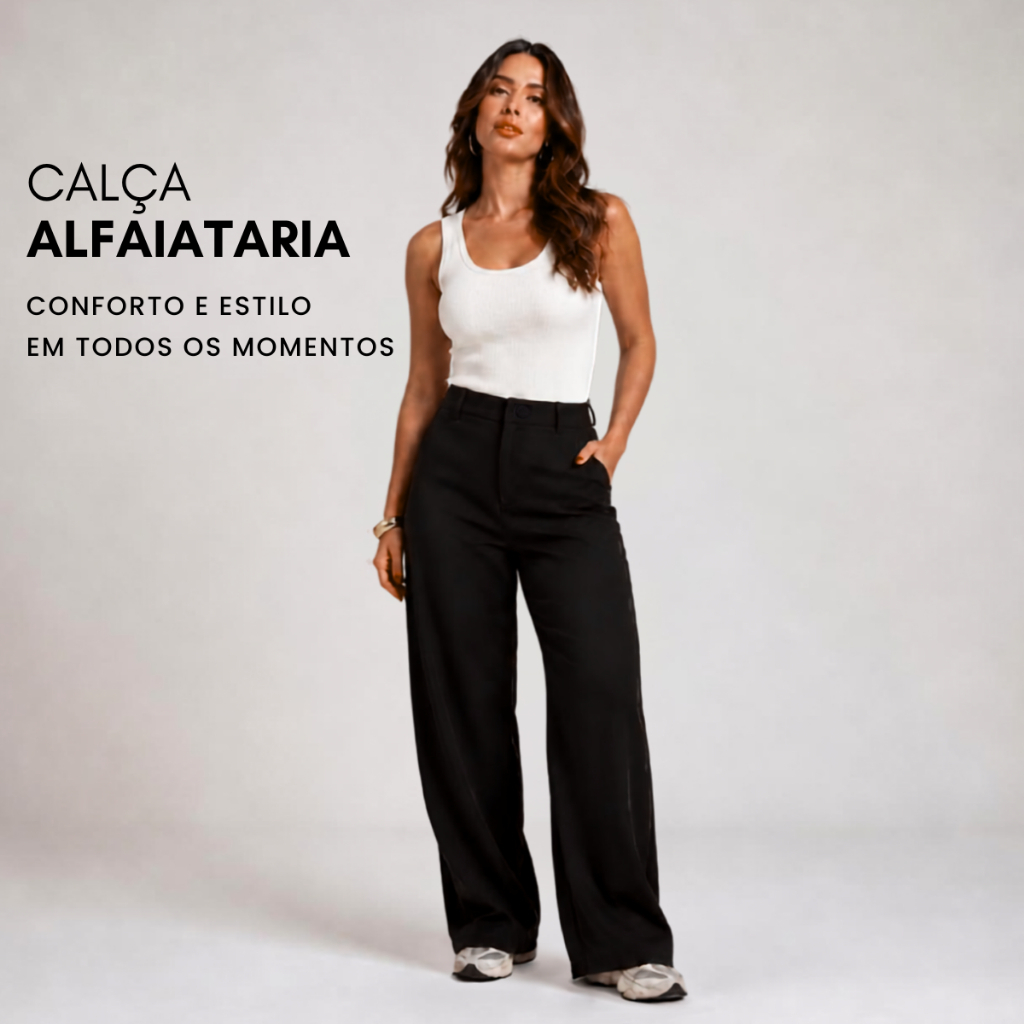 Calça Alfaiataria Preto Feminina Pantalona Social Casual Cintura Alta Elegante Versatil
