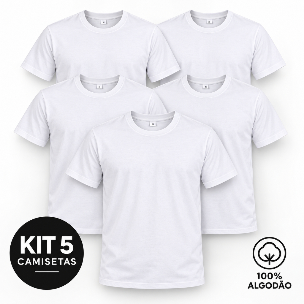 Kit 5 Camisetas Lisas Brancas Masculina Gola Redonda 100% Algodão Premium